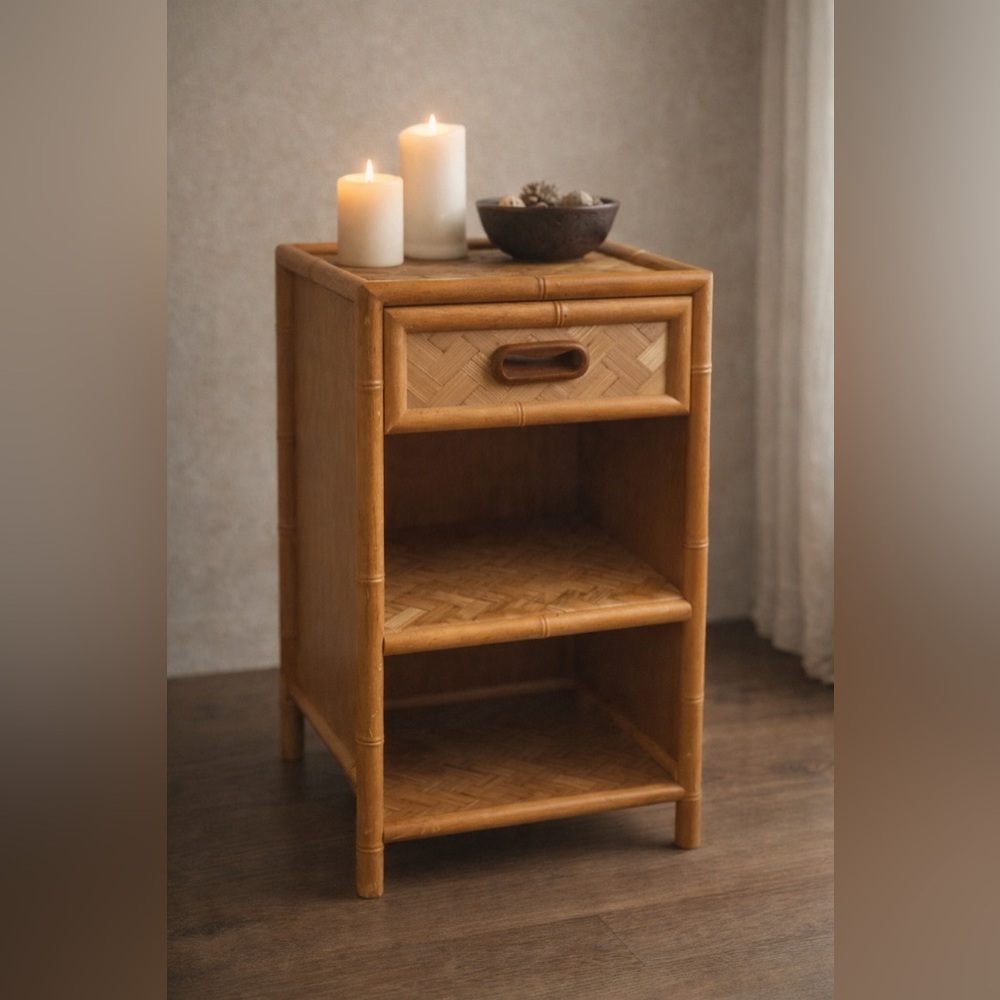 BOHO Vintage Bamboo Rattan Side Table 19” Nightstand Entryway • Lightweight
